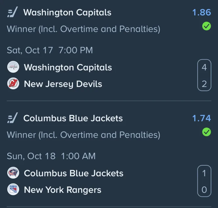 NHL slip: Washington Capitals at 1.86 and Columbus Blue Jackets at 1.74, both won