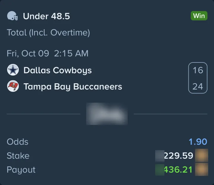 NFL slip: Cowboys vs Buccaneers under 48.5 at 1.90, won
